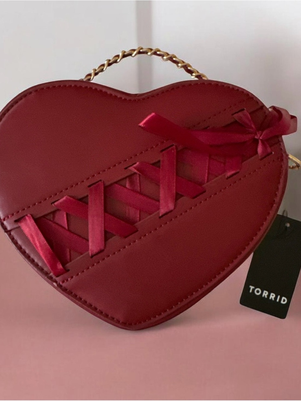 torrid Red Heart Crossbody with Satin Lace-Up Detail and Gold Chain Handle